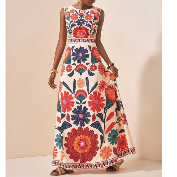 Boho Floral Print Open Back Sleeveless Maxi Dress - Picture 2 of 5